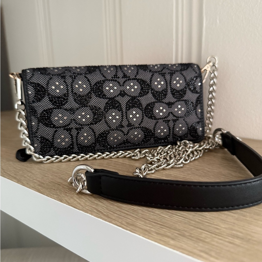 Coach NWT Black Crystal Wallet on a Chain Strap